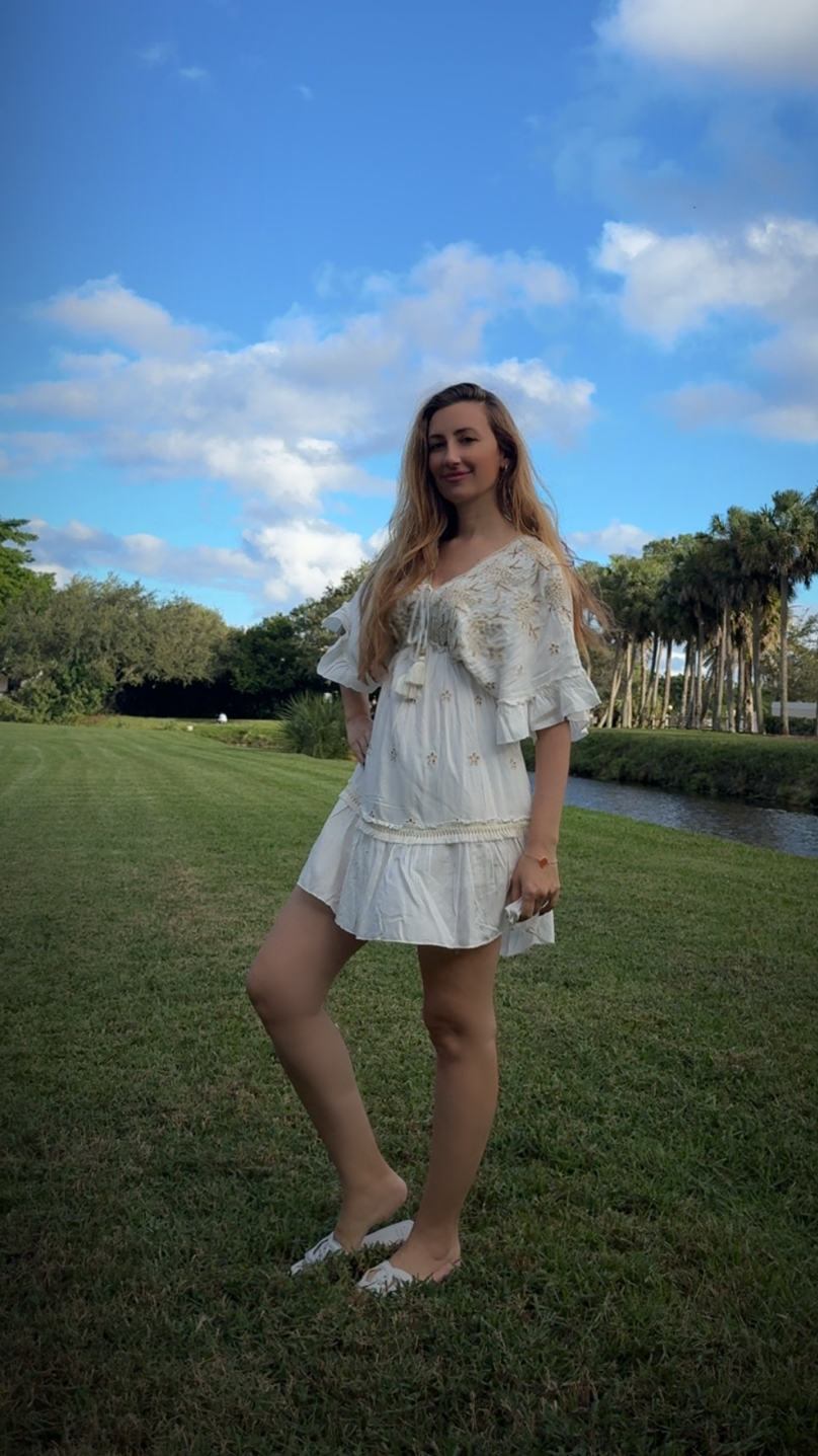 Off-White Bohemian Short Dress – Gold Embroidery