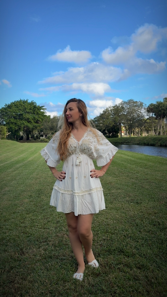 Off-White Bohemian Short Dress – Gold Embroidery