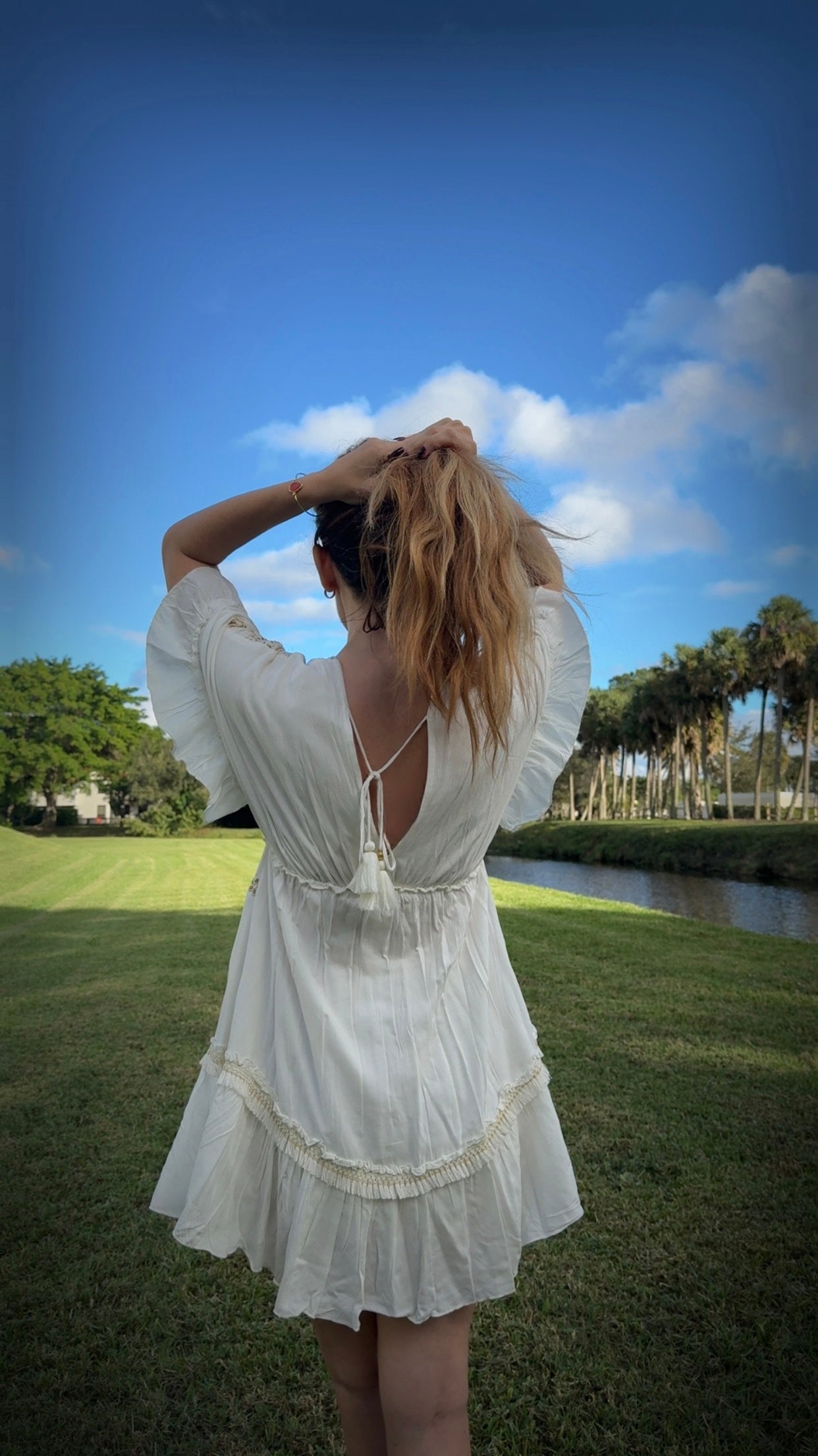 Off-White Bohemian Short Dress – Gold Embroidery