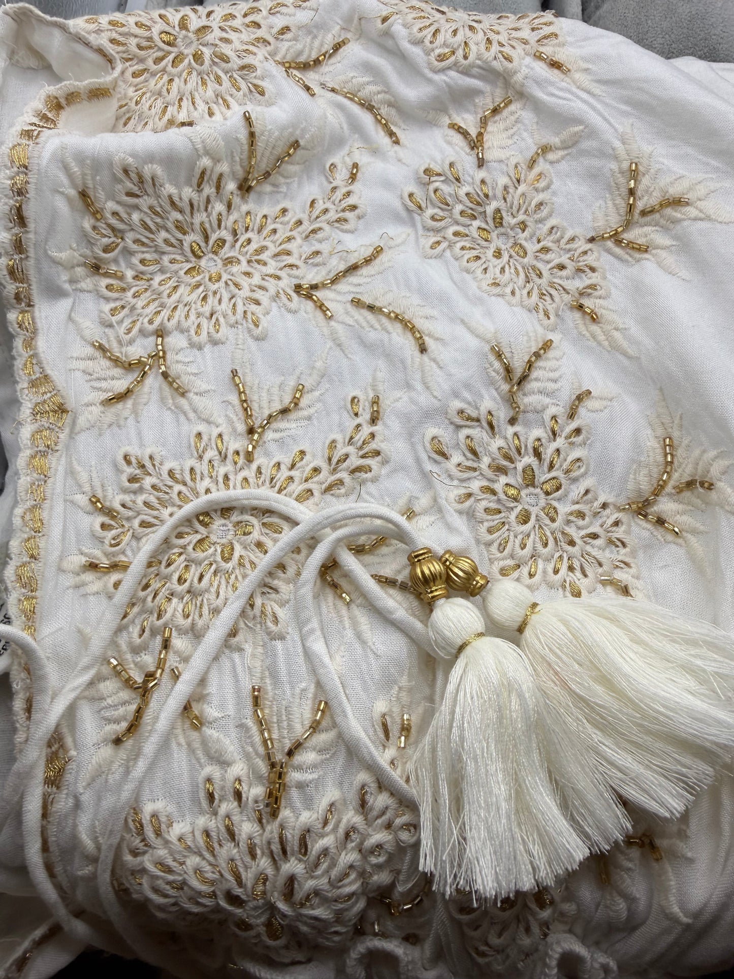 Off-White Bohemian Short Dress – Gold Embroidery