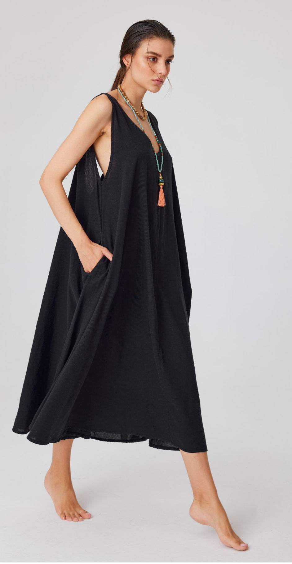 Black Linen Strappy Dress