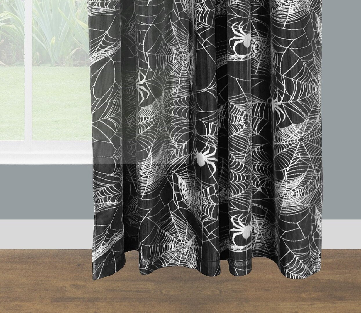 Sheer Lace Curtains-Printed- HAPPY HALLOWEN -Rod Pocket- 2 Size  available  (54&#39;&#39;X84&#39;&#39;---54&#39;&#39;X96&#39;&#39; )-Great Drapes for Living Room or Bedroom