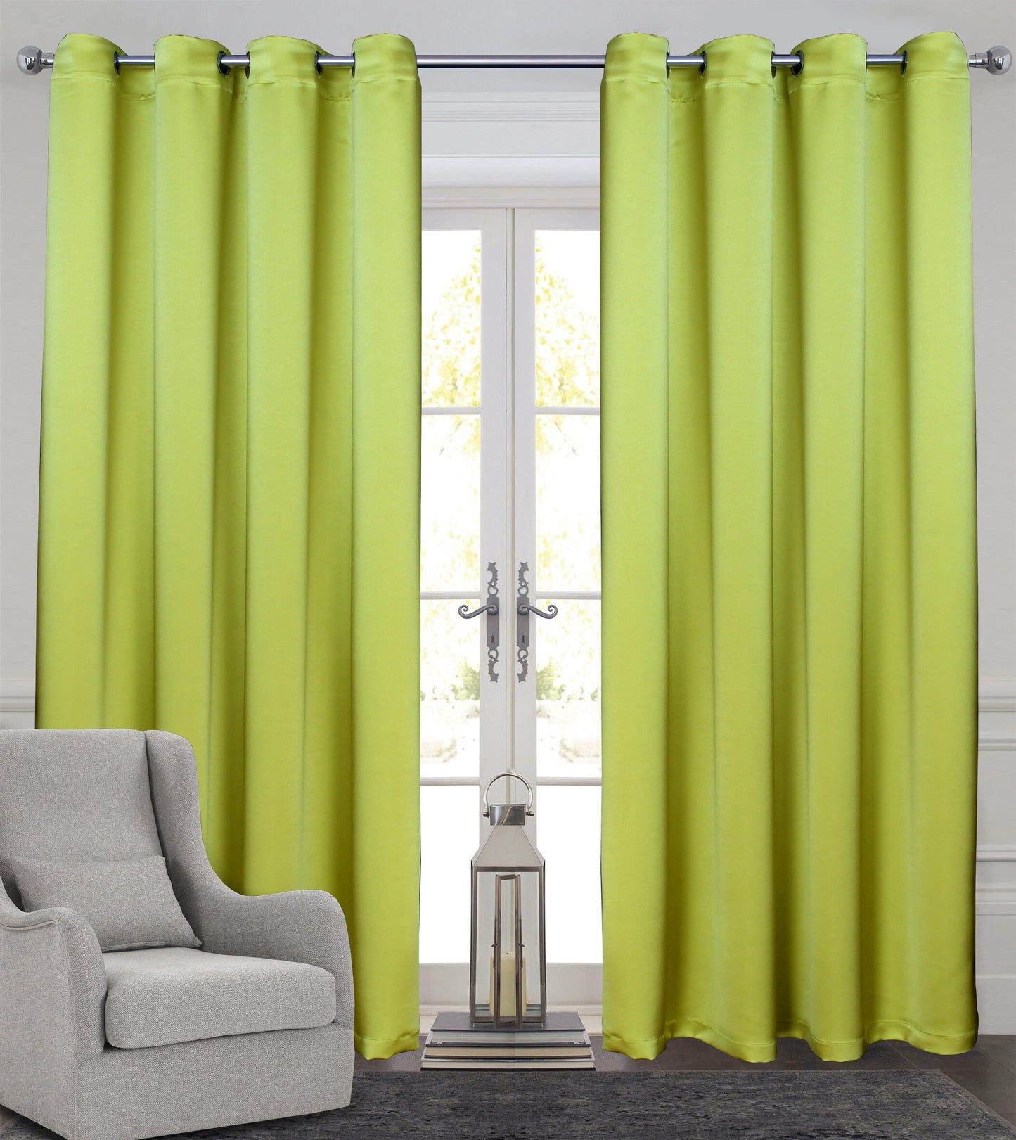 Rich Gecko CURTAIN DRAPERIES Thermal Faux Silk Room Darkening Grommet Panel, NEON LIME, Set of 2 PANEL